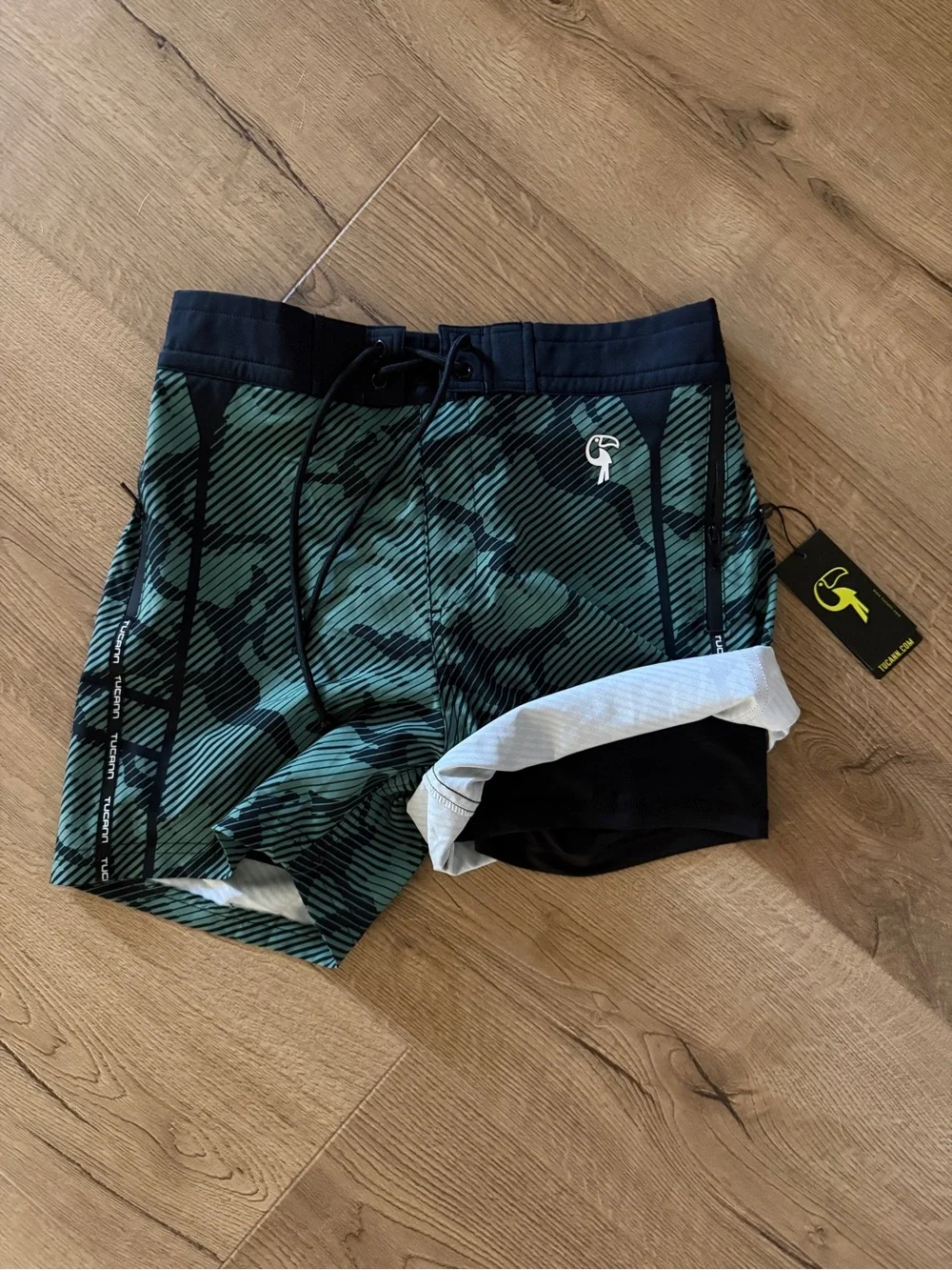 Men's Green Camo Performance Swim Trunks with Drawstring